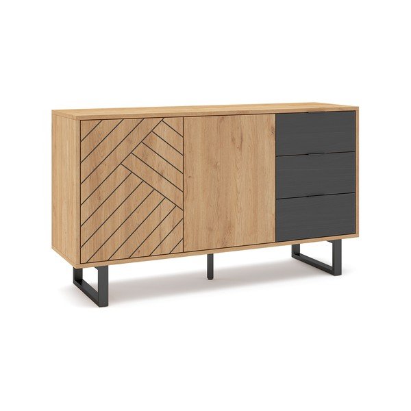 Antracitszürke-natúr színű alacsony komód tölgyfa dekorral 140x80 cm Madona – Marckeric-image-2