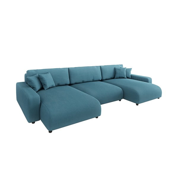 Türkiz kordbársony kinyitható tárolóhelyes sarokkanapé Sara – Ropez