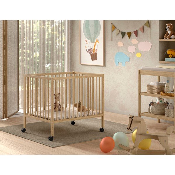 Natúr színű bükkfa járóka állítható magassággal-gurulós 95x75 cm Dino – Vipack-image-1