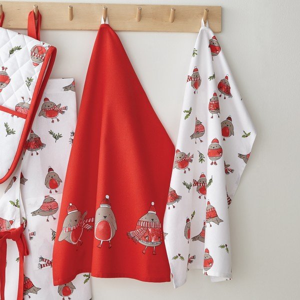Karácsonyi mintás pamut konyharuha szett 2 db-os 50x70 cm Christmas Robins – Catherine Lansfield-image-1