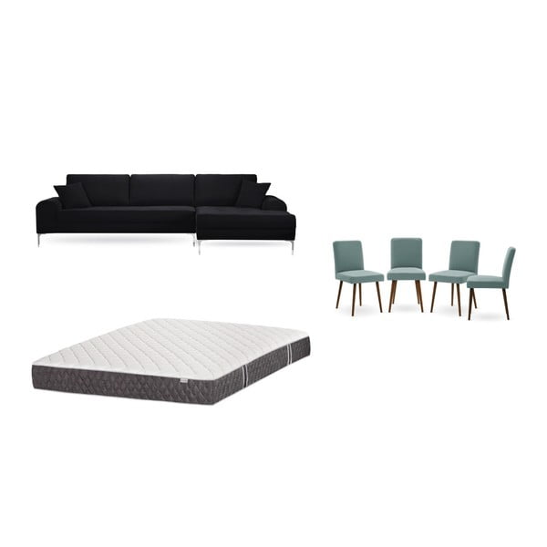 Fekete jobboldali sarokkanapé, 4 db szürkészöld szék, matrac (160 x 200 cm) szett - Home Essentials