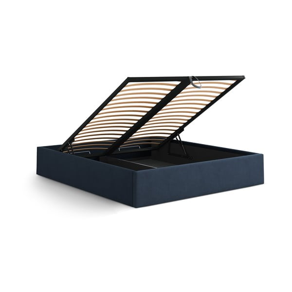 Sötétkék kárpitozott ágyneműtartós-ágytámla nélkül franciaágy ágyráccsal 140x200 cm Susan – Micadoni -image-3