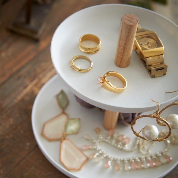 Tosca fehér állvány 2 db tálcával, bükkfa részletekkel - YAMAZAKI-image-2