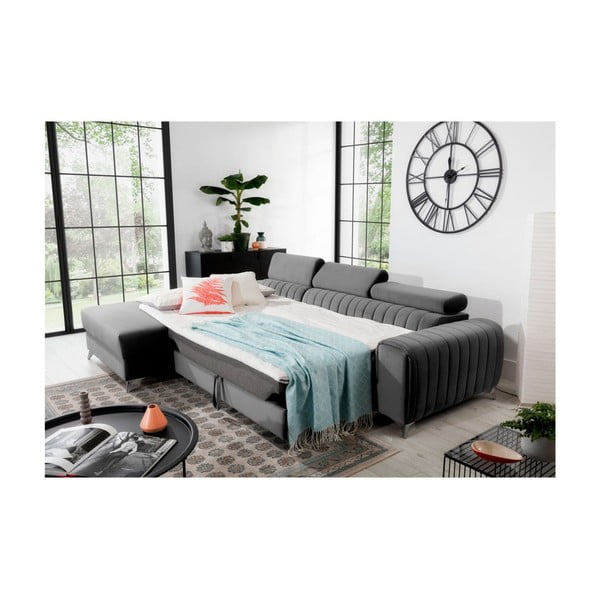 Szürke bársony kinyitható-tárolóhelyes sarokkanapé (bal oldali-heverő résszel) Grayson – ELTAP-image-4