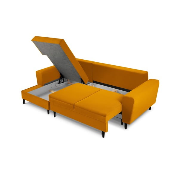 Mustársárga kordbársony kinyitható tárolóhelyes sarokkanapé (bal oldali-heverő résszel) Kyoto – Cosmopolitan Design-image-3