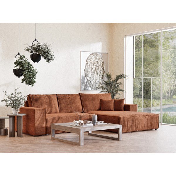 Rézszínű zsenília kinyitható-tárolóhelyes sarokkanapé (jobb oldali-heverő résszel) Maze – Maison de Rêve-image-1