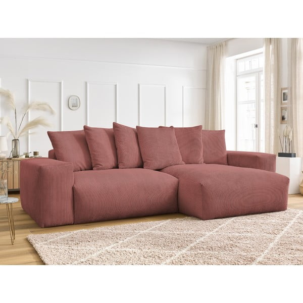 Rózsaszín kordbársony kinyitható-tárolóhelyes sarokkanapé Voltaire – Bobochic Paris-image-1