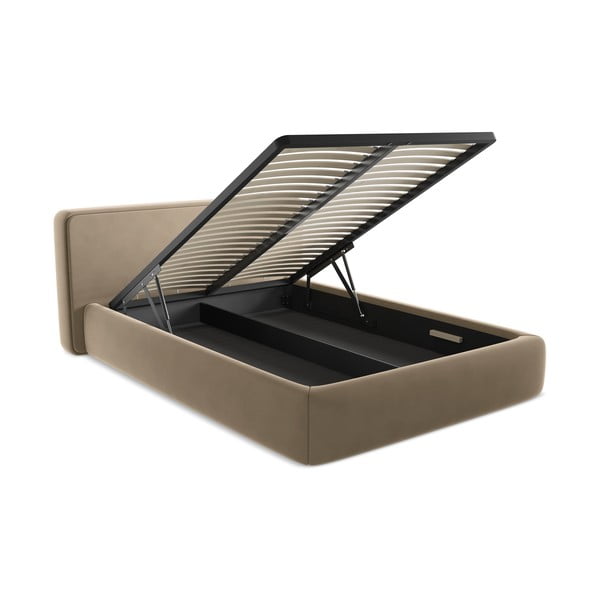 Világosbarna kárpitozott ágyneműtartós franciaágy ágyráccsal 180x200 cm Kiana – Makamii-image-3