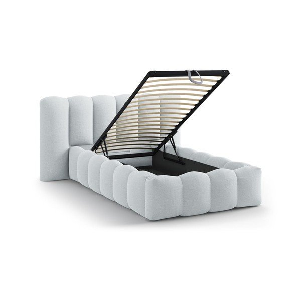 Világosszürke kárpitozott ágyneműtartós egyszemélyes ágy ágyráccsal 90x200 cm Lupine – Micadoni -image-1