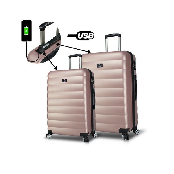 RESSNO Large & Medium 2 rózsaszín görgős bőrönd USB csatlakozóval - My Valice-image-1