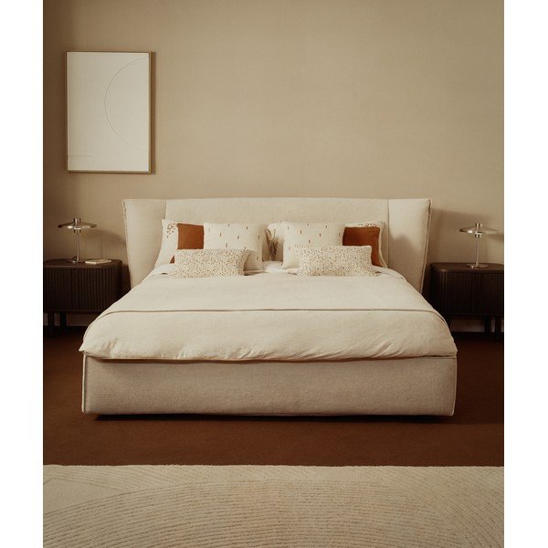 Bézs kárpitozott ágyneműtartós zsenília franciaágy ágyráccsal 160x200 cm Arvian – Kave Home-image-1