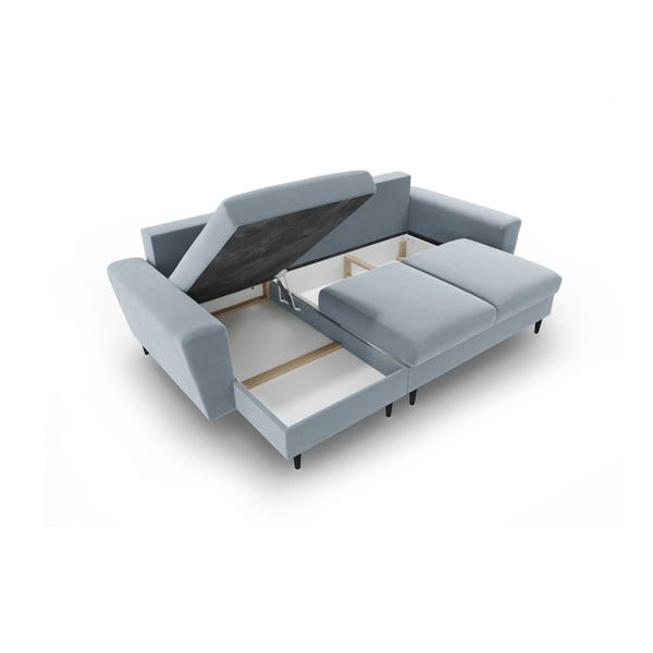 Világoskék bársony kinyitható tárolóhelyes sarokkanapé Kyoto – Cosmopolitan Design-image-3