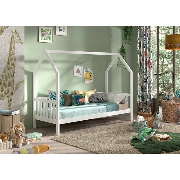 Fehér házikó alakú borovi fenyő gyerekágy ágyráccsal 90x200 cm Cabane – Vipack-image-1