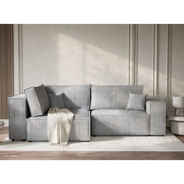 Szürke kordbársony kinyitható-tárolóhelyes sarokkanapé (bal oldali-L alakú) Tonga – Maison de Rêve-image-1