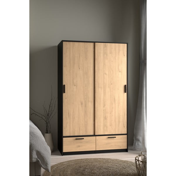 Fekete-natúr színű ruhásszekrény tolóajtóval, tölgyfa dekorral 121x200 cm Line – Tvilum-image-3