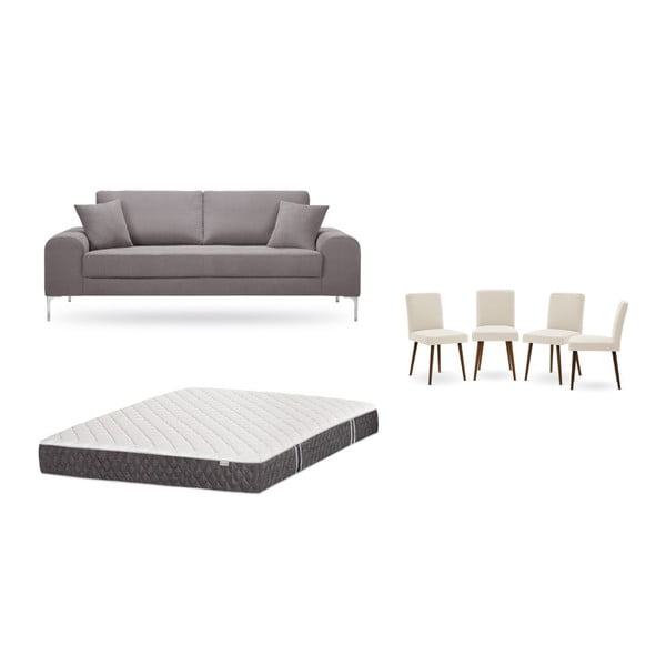 Barna, háromszemélyes kanapé, 4 db krémszínű szék, matrac (160 x 20 cm) szett - Home Essentials