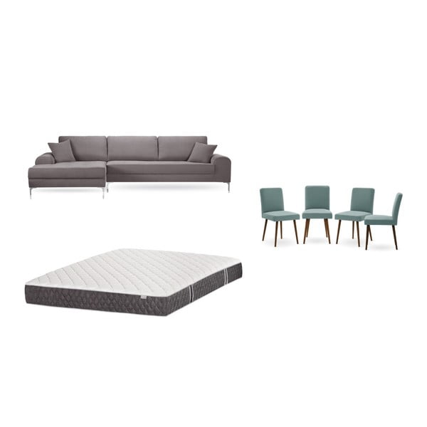 Barna baloldali sarokkanapé, 4 db szürkészöld szék, matrac (160 x 200 cm) szett - Home Essentials