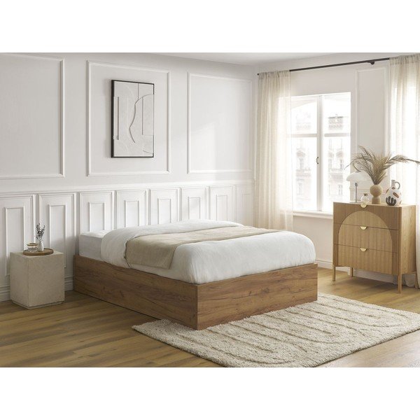 Barna forgácslemez ágyneműtartós-ágytámla nélkül franciaágy ágyráccsal 140x190 cm nyírfa dekorral Mara – Bobochic Paris-image-1