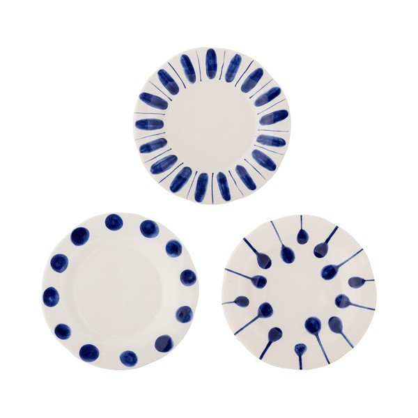 Fehér-kék desszertes kőedény tányér készlet 3 db-os ø 22 cm Linora – Bloomingville