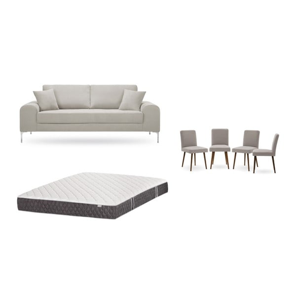Krémszínű, háromszemélyes kanapé, 4 db szürkésbézs szék, matrac (160 x 200 cm) szett - Home Essentials