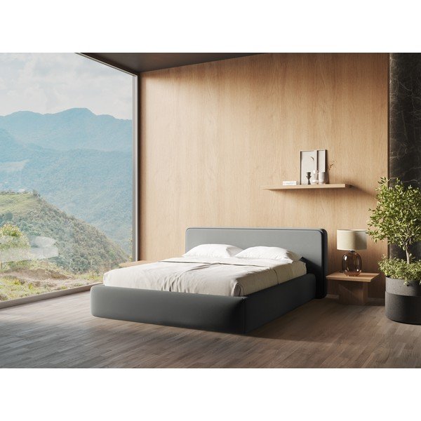 Szürke kárpitozott ágyneműtartós franciaágy ágyráccsal 180x200 cm Kiana – Makamii-image-1