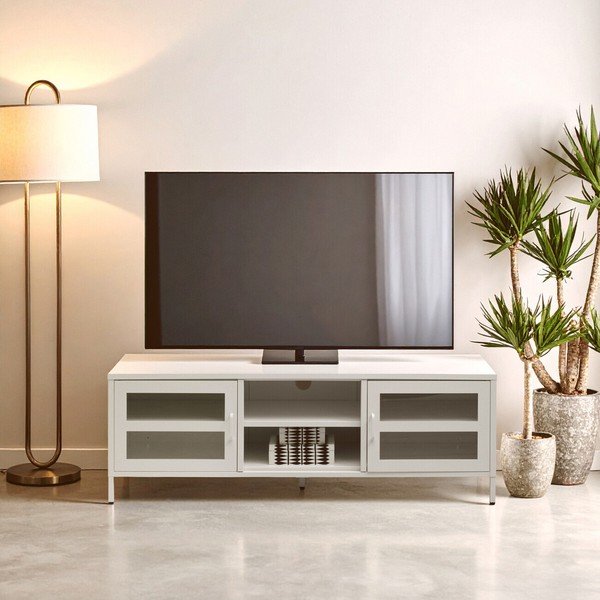 Fehér acél TV-állvány 150x50x45 cm Acier – Premier Housewares-image-1