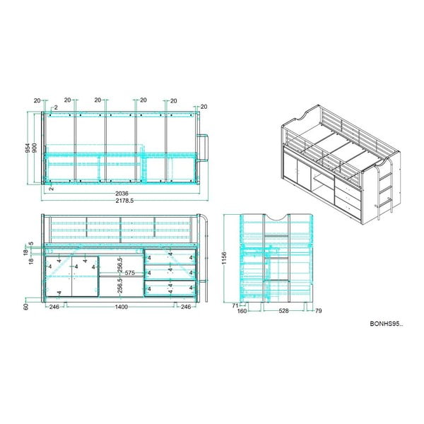 Fehér-szürke ágyneműtartós galéria gyerekágy íróasztallal, ágyráccsal 90x200 cm Bonny – Vipack-image-2