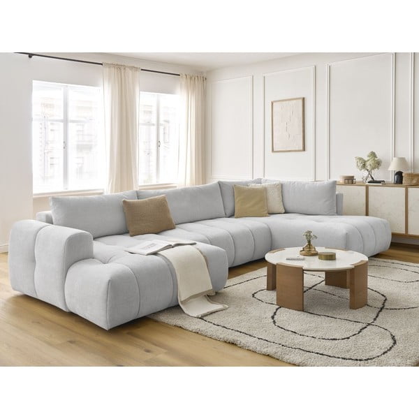 Világosszürke kinyitható-tárolóhelyes sarokkanapé (jobb oldali-U alakú) Fuji – Bobochic Paris-image-1