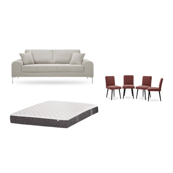 Krémszínű, háromszemélyes kanap, 4 db téglapiros szék, matrac (160 x 200 cm) szett - Home Essentials