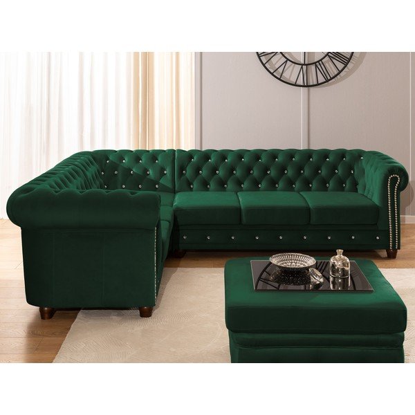 Zöld bársony kinyitható sarokkanapé (bal oldali-L alakú) York Blik – Ropez-image-4