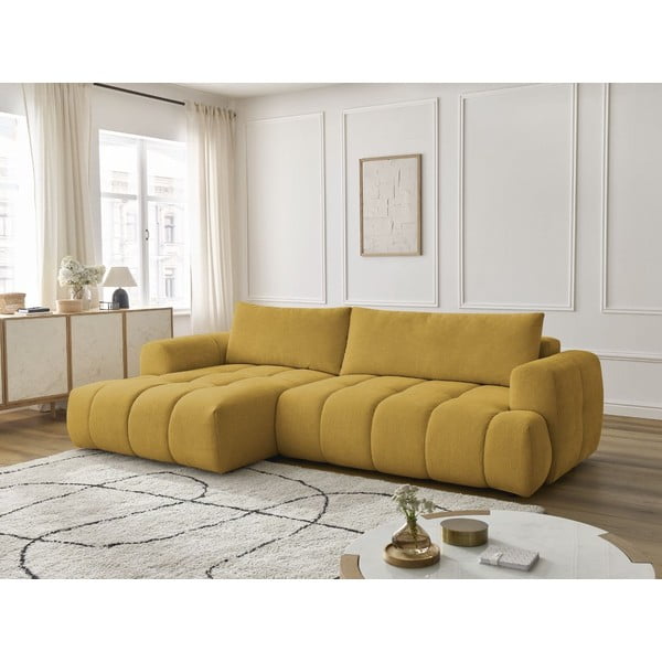 Mustársárga kinyitható-tárolóhelyes sarokkanapé (bal oldali-heverő résszel) Fuji – Bobochic Paris-image-1
