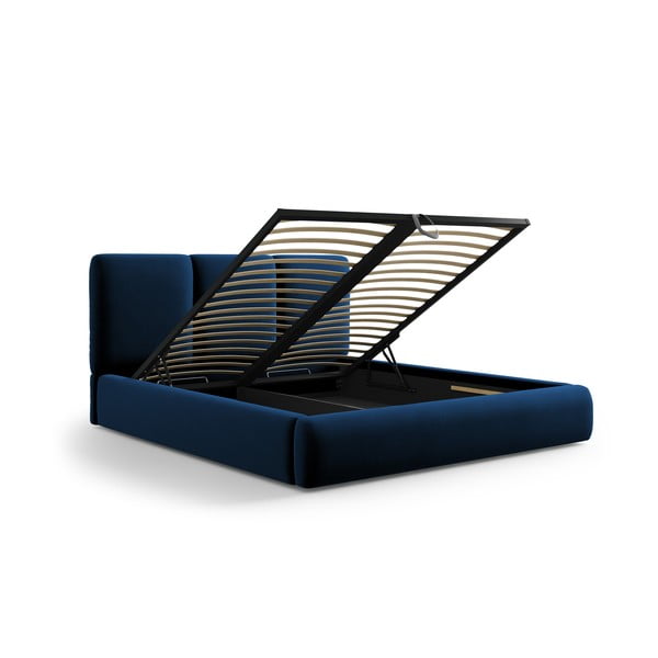 Sötétkék bársony kárpitozott ágyneműtartós franciaágy ágyráccsal 200x200 cm Brody – Mazzini Beds-image-3