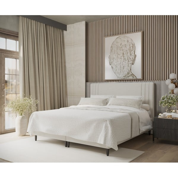 Bézs kárpitozott ágyneműtartós franciaágy 200x200 cm Musca – Maison de Rêve-image-1