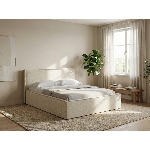 Sötétszürke kárpitozott ágyneműtartós franciaágy ágyráccsal 140x200 cm Anani – Makamii-image-1