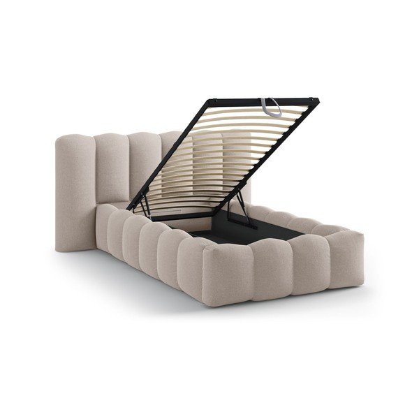 Világosbarna kárpitozott ágyneműtartós egyszemélyes ágy ágyráccsal 90x200 cm Lupine – Micadoni -image-1