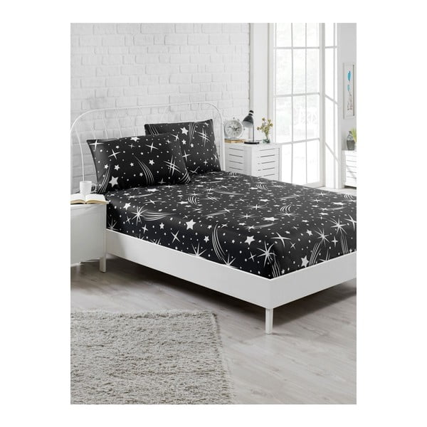 Starry Night fekete elasztikus lepedő és párnahuzat szett egyszemélyes ágyhoz, 100 x 200 cm