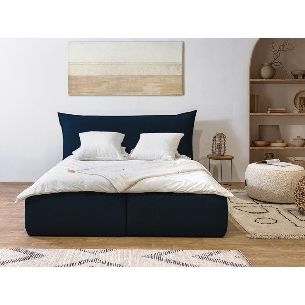 Sötétkék kárpitozott ágyneműtartós franciaágy ágyráccsal 180x200 cm Jade – Bobochic Paris-image-1