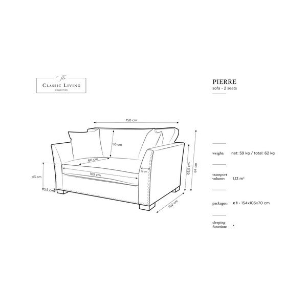 Pierre sötétszürke kétszemélyes kanapé - The Classic Living-image-1