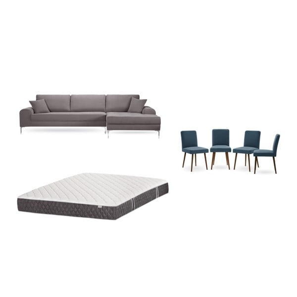 Barna jobboldali sarokkanapé, 4 db kék szék, matrac (160 x 200 cm) szett - Home Essentials