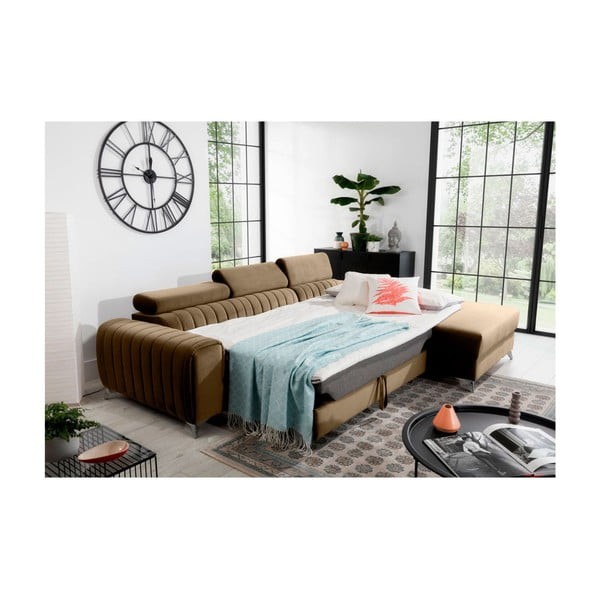 Világosbarna bársony kinyitható-tárolóhelyes sarokkanapé (jobb oldali-heverő résszel) Grayson – ELTAP-image-4