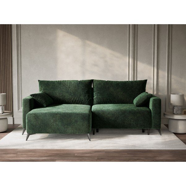 Sötétzöld zsenília kinyitható-tárolóhelyes sarokkanapé (bal oldali-heverő résszel) Leon – Maison de Rêve-image-1
