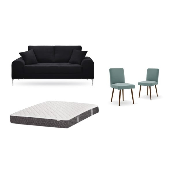 Fekete, kétszemélyes kanapé, 2 db szürkészöld szék, matrac (140 x 200 cm) szett - Home Essentials