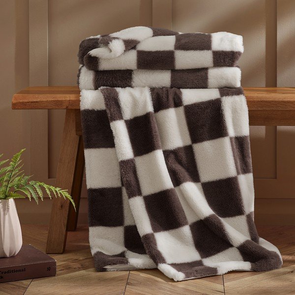 Fehér-sötétbarna takaró 130x170 cm Cosy Soft Checkerboard – Catherine Lansfield-image-2