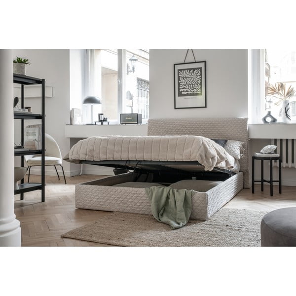 Bézs kárpitozott franciaágy tárolóhellyel, ágyráccsal 160x200 cm Sleepy Luna – Miuform-image-1