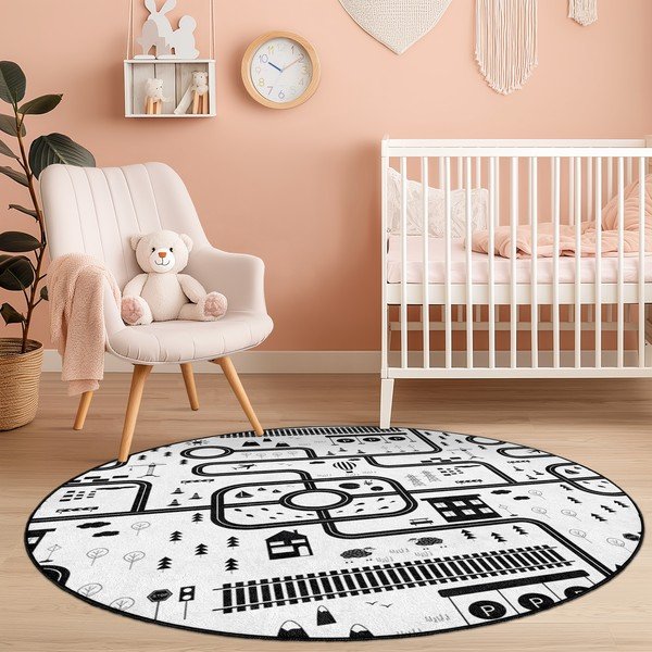 Fekete-fehér mosható gyerek játszószőnyeg ø150 cm In My Town – Mila Home-image-4