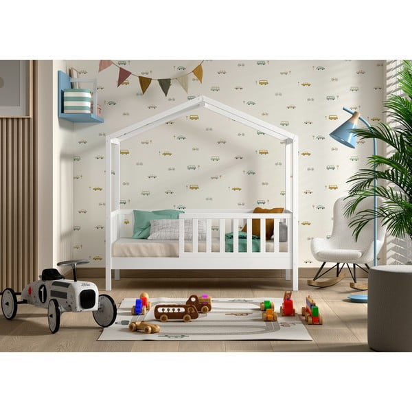 Fehér házikó alakú borovi fenyő gyerekágy ágyráccsal 70x140 cm DALLAS – Vipack-image-1