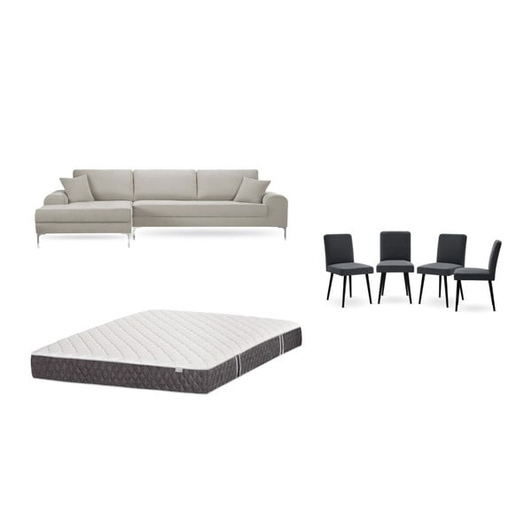Krémszínű baloldali sarokkanapé, 4 db antracit szürke szék, matrac (160 x 200 cm) szett - Home Essentials