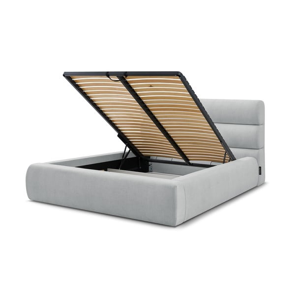 Világosszürke kárpitozott franciaágy tárolóhellyel, ágyráccsal 160x200 cm Jagna – Bobochic Paris-image-4