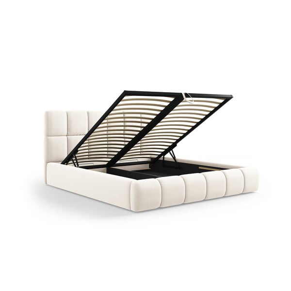 Krémszínű bársony kárpitozott ágyneműtartós franciaágy ágyráccsal 140x200 cm Bellis – Micadoni -image-2