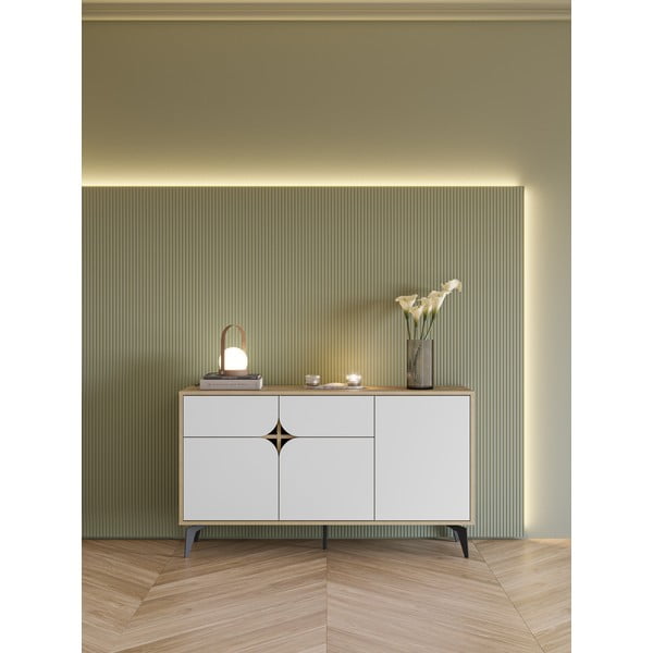 Fehér-natúr színű alacsony komód tölgyfa dekorral 140x79 cm Nola – Marckeric-image-1